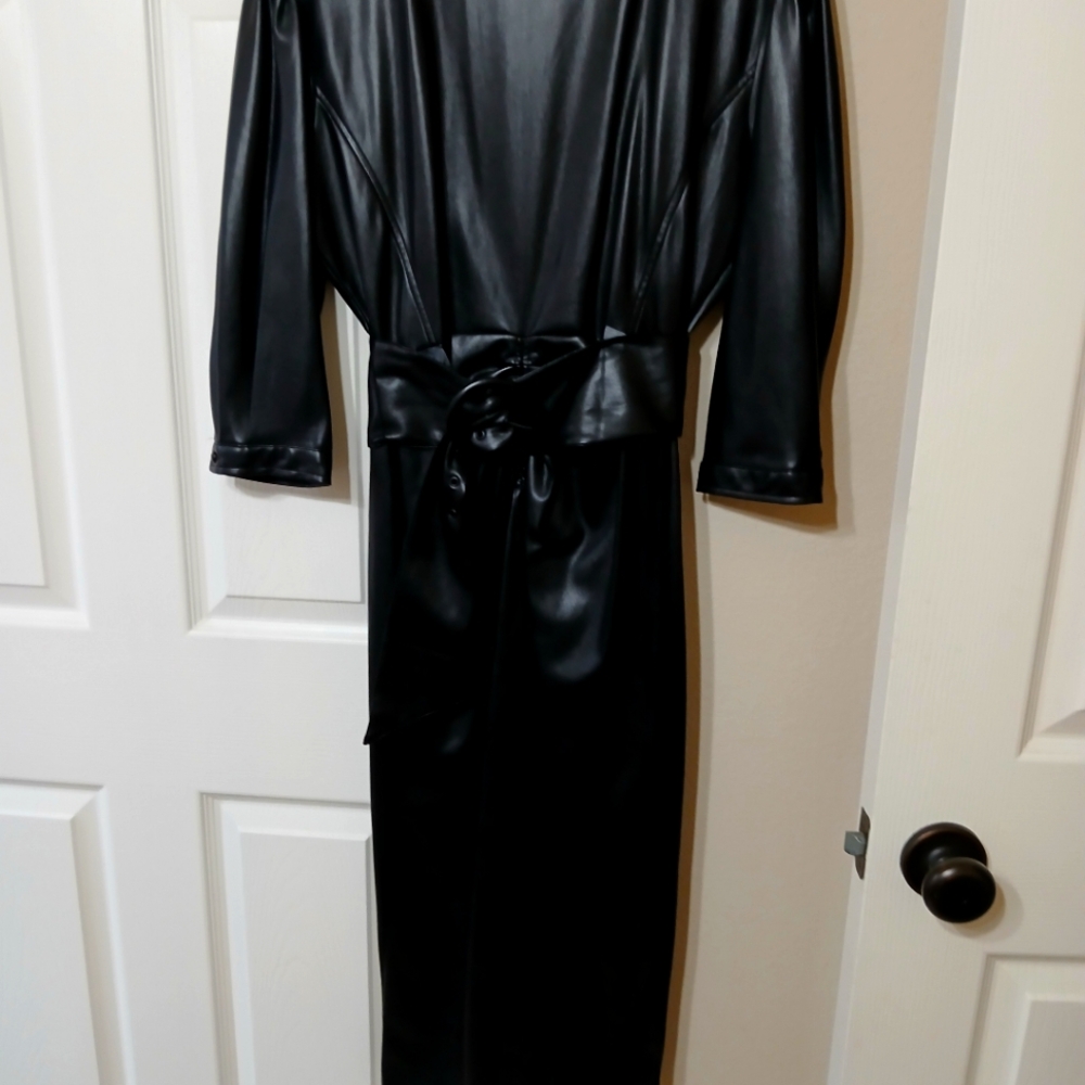 NWT ZARA BLACK RUCHED FAUX LEATHER MIDI DRESS, XS